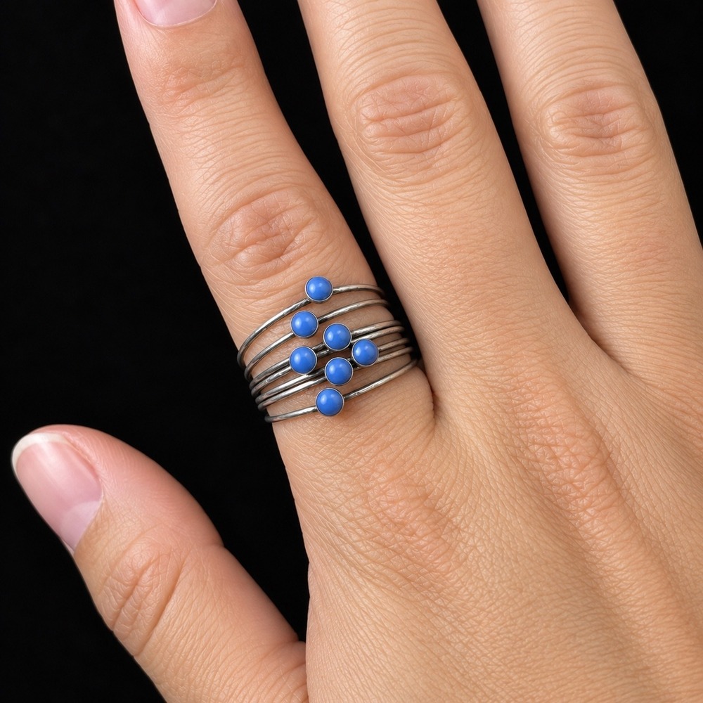 Vintage Sterling Silver Blue Cabochon Multi Band Wire Ring Size 7.5 925